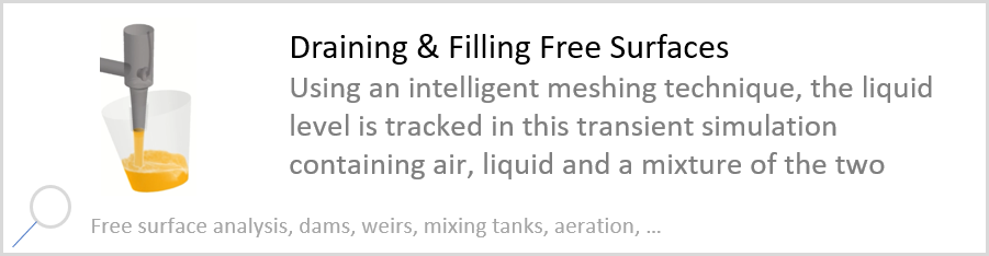 Draining & Filling Free Surfaces Using an intelligent meshing technique, the liquid level is tracked in this transient simulation containing air, liquid and a mixture of the two