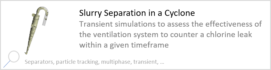 Slurry Separation in a Cyclone Transient simulations to assess the effectiveness of the ventilation system to counter a chlorine leak within a given timeframe. Separators, particle tracking, multiphase, transient.