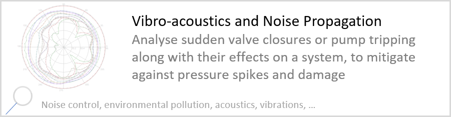 Vibro-acoustics and Noise Propagation Analyse sudden valve closures or pump tripping along with their effects on a system, to mitigate against pressure spikes and damage. Noise control, environmental pollution, acoustics, vibrations.